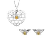 Sterling Silver Swarovski Crystal Enamel Bee In Beehive Two Piece Set