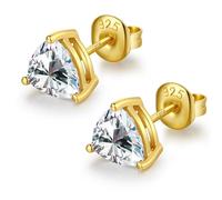 Sterling Silver Triangle CZ Diamond Stud Earrings for Women Men 18K Yellow Gold Plated 3 Prong 8MM Trillion Cut Fake Diamond Earring