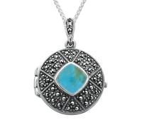 Sterling Silver Turquoise Marcasite Cushion Patterned Locket - Silver MRC-480