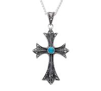 Sterling Silver Turquoise Marcasite Three Point Cross Necklace - Silver MRC-376