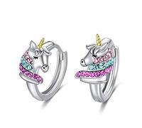 Sterling Silver Unicorn Hoop Earrings with Pink Crystals, Unicorn Jewellery Birthday Gifts for Girls Women (Colorful)