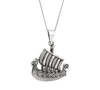 Sterling Silver Viking Dragon Necklace for Men - Large 925 Silver Norse Longship Pendant - Gothic Warrior Battle Boat Jewellery - Heavy Open Circle