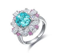 Sterling Silver Vintage Rings, Silver Band Rings for Woman Flower with Created paraiba Tourmaline Size Q 1/2