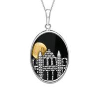 Sterling Silver Whitby Jet Abbey Moon Gold Plated Oval Necklace GTH-015
