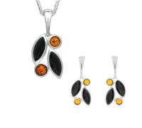 Sterling Silver Whitby Jet Amber Four Stone Leaf Drop Two Piece Set SGN-958
