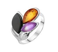 Sterling Silver Whitby Jet Amethyst Amber Three Stone Leaf Ring SGN-140