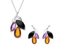 Sterling Silver Whitby Jet Amethyst Amber Three Stone Leaf Two Piece Set 00185682