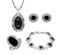 Sterling Silver Whitby Jet Celtic Oval Four Piece Set - Silver CLT-212