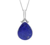 Sterling Silver Whitby Jet Lapis Lazuli Double Sided Pear Fob Necklace - Silver