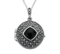 Sterling Silver Whitby Jet Marcasite Cushion Patterned Locket - Silver MRC-472
