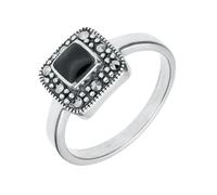 Sterling Silver Whitby Jet Marcasite Cushion Shape Beaded Edge Ring - Silver MRC-537