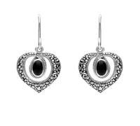 Sterling Silver Whitby Jet Marcasite Oval Swirl Heart Hook Earrings - Option1 Value Silver MRC-129