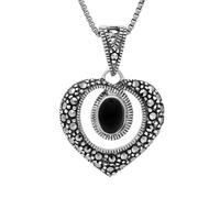 Sterling Silver Whitby Jet Marcasite Oval Swirl Heart Necklace - Option1 Value Silver MRC-371