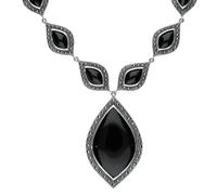 Sterling Silver Whitby Jet Marcasite Seventeen Pear Drop Necklace - Silver MRC-609