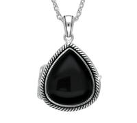 Sterling Silver Whitby Jet Pear Rope Edge Locket - Silver 119456