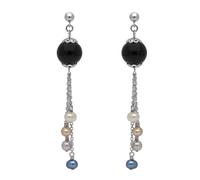 Sterling Silver Whitby Jet Pearl Beaded Tassel Drop Earrings - Silver