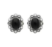 Sterling Silver Whitby Jet Pearl Marcasite Oval Beaded Edge Stud Earrings - Silver