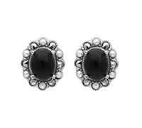 Sterling Silver Whitby Jet Pearl Marcasite Oval Beaded Edge Stud Earrings - Silver MRC-219