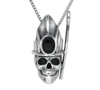 Sterling Silver Whitby Jet Skull With Crown and Shepherds Crook Necklace GTH-1045