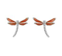 Sterling Silver White Sapphire Red Enamel Style & Fashion Dragonfly Stud Earrings - Silver CHS-086