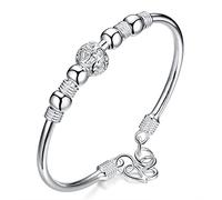 Sterling Silver Women's Bracelets - 925 Sterling Silver Bead Bangle & Lucky Cuff - Adjustable Fashion Jewelry, 2.4 x 2.4 x 0.3 inches