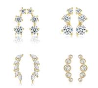Sterling Silver Women's Earrings, 4 Pairs Hypoallergenic Cubic Zirconia Gold-Plated Flower Earrings Cartilage Silver Earrings Sets, Multiple Ear Holes, Birthday Wedding