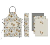 Sterling Sports 5-Piece Kitchen Set Apron, Double Oven Gloves & Tea Towels Set - Quick Dry kitchen Accessories For Baking & Cooking - Perfect Christmas Gifts For Women & Men (Floral Grey)