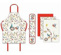 Sterling Sports 5-Piece Kitchen Set Apron, Double Oven Gloves & Tea Towels Set - Quick Dry kitchen Accessories For Baking & Cooking - Perfect Christmas Gifts For Women & Men (White-red Birds)