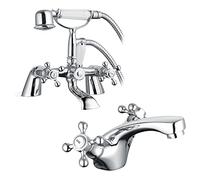 Sterling Traditional Bath Mixer Tap with Shower & Basin Sink Mono Tap Set Bath Pillar Taps Shower Mixer Filler Tap with Handheld Shower & Hose Traditional Cross Handle Bathroom Taps - Chrome Plated