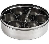 Sterling Ventures Authentic Indian Spice Tin Dabba Box Stainless Steel Masala Tiffin Tin Kitchen Masala Container 7 Compartments Storage with FREE Serving Spoon & Clear Lid Silver (19CM Dabba)