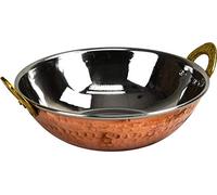 Sterling Ventures Indian Curry Platter Stainless Steel Dishes Bowl Food Serving Karai Kadai Handi Hammered Balti Copper Bottom with Solid Brass Handle (17CM)