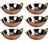 Sterling Ventures Indian Curry Platter Stainless Steel Dishes Bowl Food Serving Karai Kadai Handi Hammered Balti Copper Bottom with Solid Brass Handle (17CM X6)