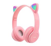 SterlingEdge Kids Wireless Headphones, Over Ear Bluetooth Headphones Cat Ear Earphone LED Light Foldable HiFi Stereo Child Headset for Girls Boys Birthdays Gift (Pink)