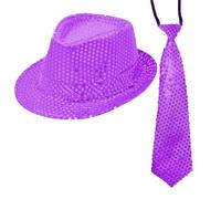 Sternfabrik Sequin Tie & Trilby Hat Set Men Women Carnival Fancy Dress Costume Glitter Outfit Disco (Purple)