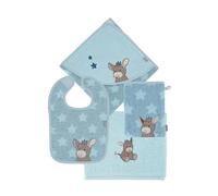 Sterntaler Emmi Donkey Terry Towelling Set, Hooded Bath Towel 100 x 100 cm, Bib, Children's Towel and Wash Glove, Absorbent Cotton, Medium Blue
