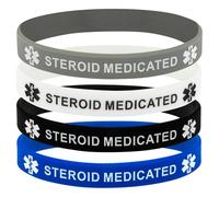 Steroid Medicated Medical Alert Wristbands - Set of 4 Silicone Bracelets (Grey, White, Black, Blue)