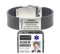 Steroids Medical Alert Bracelet, Steroid User Bracelet with Engraved Stainless Face Plate. Free Engraving, Adjustable Silicone Strap. Unisex Design for Adult or Child. Man or Woman. (Black)