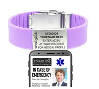 Steroids Medical Alert Bracelet, Steroid User Bracelet with Engraved Stainless Face Plate. Free Engraving, Adjustable Silicone Strap. Unisex Design for Adult or Child. Man or Woman. (Purple)