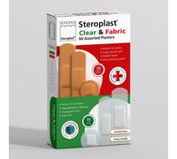 Steroplast Premium 64 Assorted Clear + Fabric Wound Injury Plasters (32 Clear + 32 Fabric) - 2 Boxes