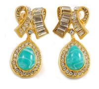 STERT Etruscan revival green and clear rhinestone runway earrings (Golden Bow-Drop Shape)