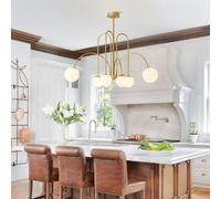 Stesulfr Chandelier Mid-Century Modern 13 Light Adjustable Ceiling Lamp Brass Sputnik Pendant Light with Milky White Globe Glass Hanging Lamp for Living Room Bedroom Hallway Dining Room Lighting(6 Lig