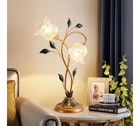 Stesulfr Modern Table Lamp 2 Lights Gold Bedside Table Lamp Antique Green Leaf Decorative Art Lamp Flower Shape Glass Plug-in Desk Light for Bedroom Living Room Office End Table Dining Room(1PC)