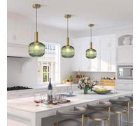 Stesulfr Pendant Lighting Vintage Green Glass Pendant Light Kitchen Island Farmhouse Ribbed Glass Ceiling Lighting E27 Globe Pendant Light Fixture Brass Gold Single Hanging Lamp Bedroom Bathroom(Green