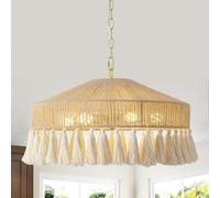 Stesulfr Rattan chandelier pastoral linen Pendant Light dining room adjustable bohemian style hand-woven hemp rope and cotton rope Hanging Lamp suitable for living room bedroom kitchen above(30cm)
