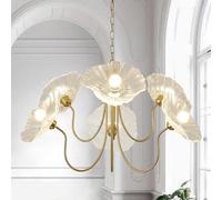 Stesulfr Vintage Floral Glass Chandelier 6-Light Large Pendant Light with Green Flower Shades Gold Brass Chandelier Hanging Ceiling Light Fixture Dining Room Kitchen Island Living Room Bedroom(Clear)