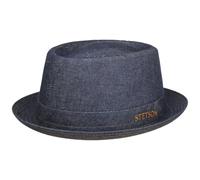 Stetson Danvick Denim Pork Pie Hat Made in Italy Unisex Summer Pork Pie Hat 100% Cotton Breathable Robust Denim-Navy L (58-59 cm)