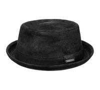 Stetson Pennsylvania Mens Pigskin Leather Pork Pie hat - Pigskin Leather hat - Lined Pork Pie - Summer/Winter Fedora with pre-Distressed Look Black L (58-59 cm)