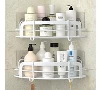 STEUGO 2-Pack Corner Shower with 4 Hooks Adhesive, Bathroom Shower Rack Rust Resistant SUS304 Stainless Steel for Dorm Bathroom Kitchen Storage (White)