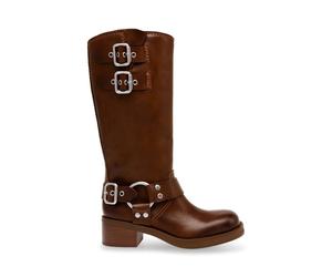 Steve Madden Womens Eastern Motorcycle Boots with Block Heel in Brown - Size UK 3