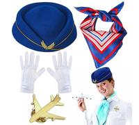 Stewardess Cosplay Set, Flight Attendant Costume, Stewardess Costume in Classic Design, Women's Stewardess Costume Accessories, Flight Attendant Hat Scarf Gloves Brooch, Stewardess Cosplay Costume